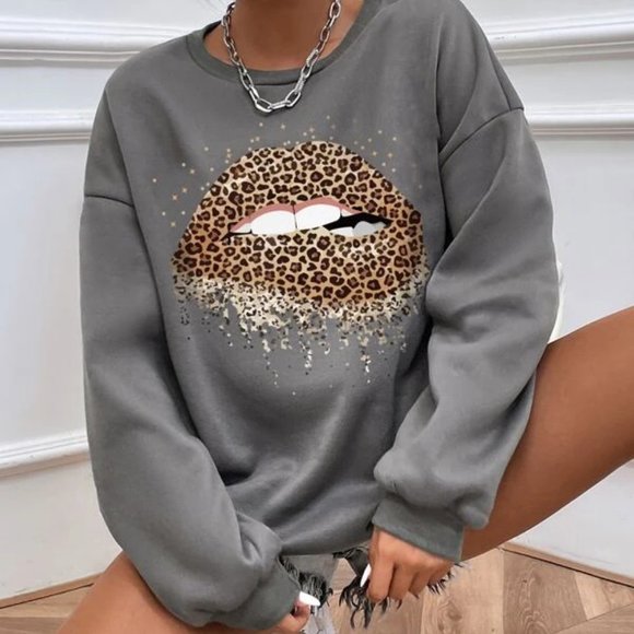 Casual Gray Pullover Leopard Mouth Print Oversized Sweatshirt TOP - Picture 2 of 6